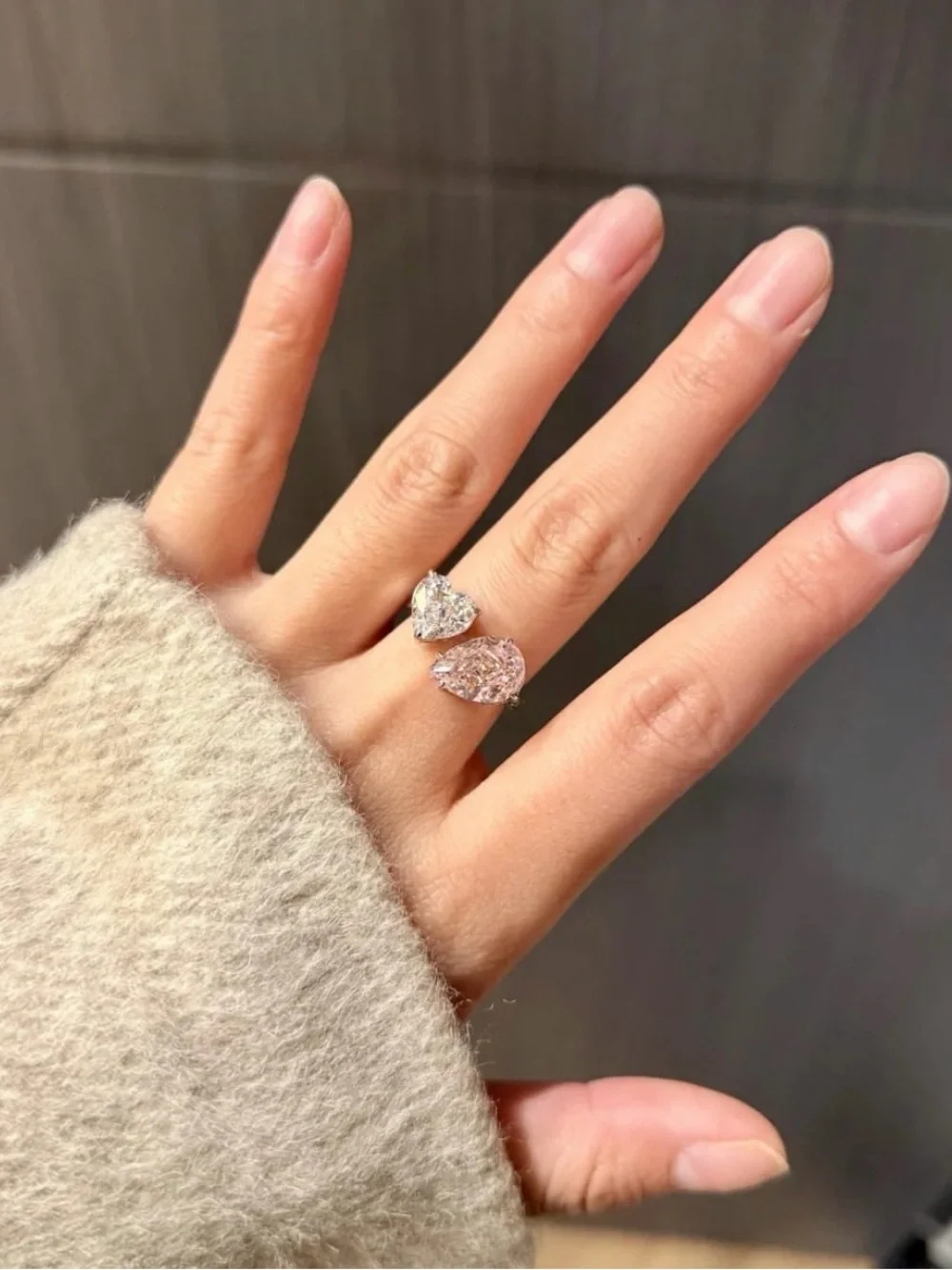 Double Stone Heart & Pear Pink and White Cubic Zirconia Ring
